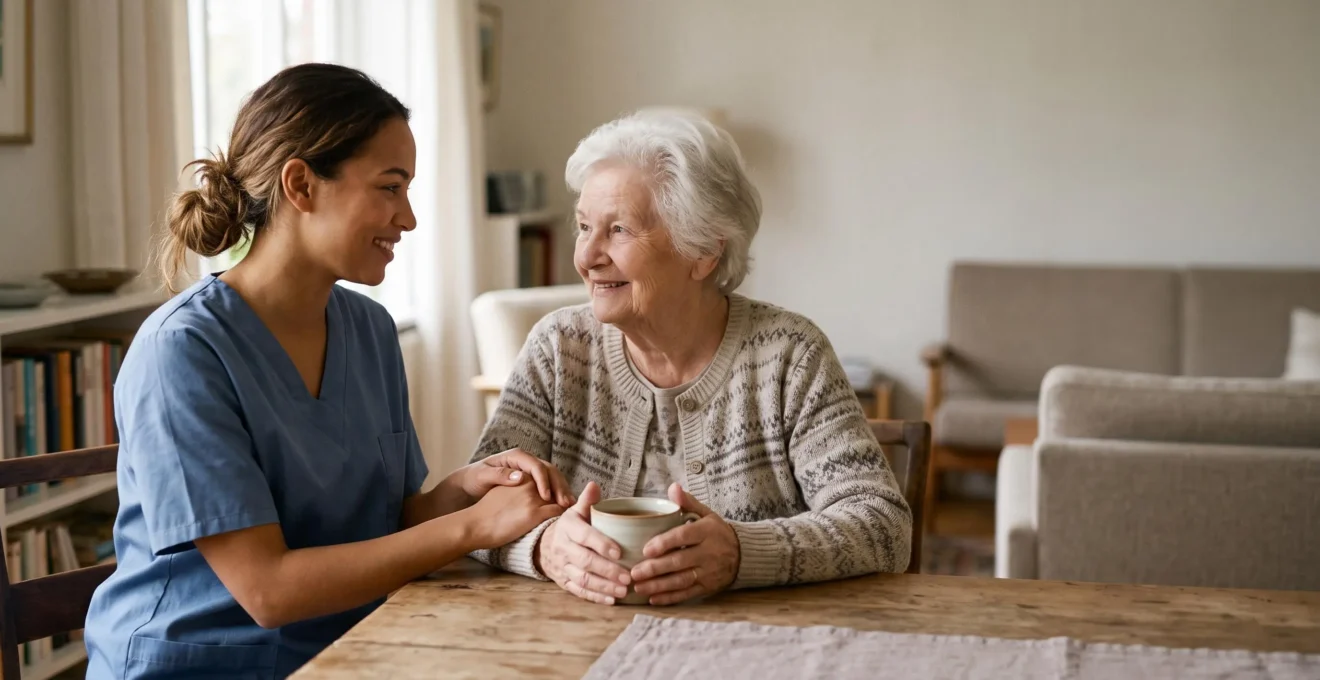 Une aidante a domicile accompagnant une personne agee dans un salon lumineux, symbolisant le soutien financier du credit d'impot