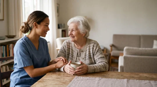 Une aidante a domicile accompagnant une personne agee dans un salon lumineux, symbolisant le soutien financier du credit d'impot