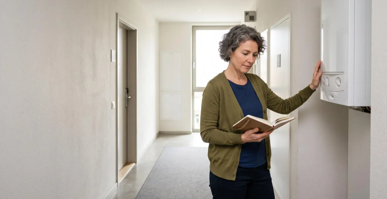 Propriétaire inspectant méthodiquement les équipements clés d'un logement locatif selon un calendrier d'entretien préventif