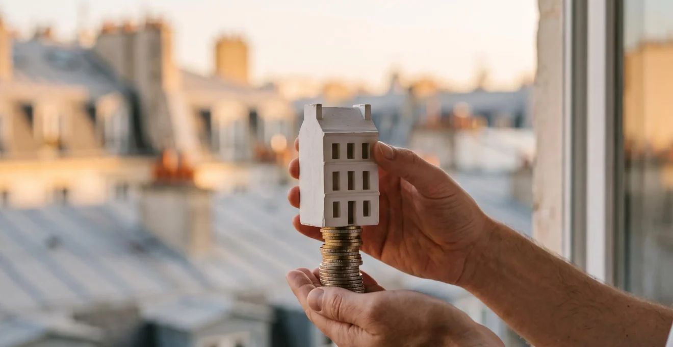 Mains tenant en équilibre une maquette de maison sur une pile de pièces devant une fenêtre donnant sur des toits parisiens, symbolisant le choix d'un dispositif de défiscalisation