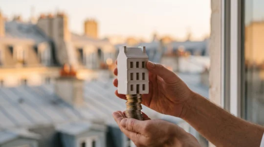 Mains tenant en équilibre une maquette de maison sur une pile de pièces devant une fenêtre donnant sur des toits parisiens, symbolisant le choix d'un dispositif de défiscalisation