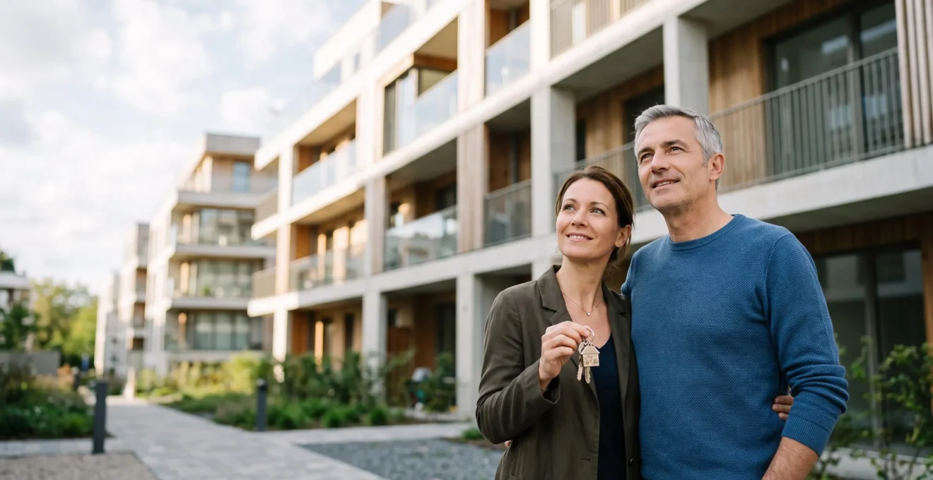Main tenant une cle de logement neuf devant un immeuble residentiel, symbole de l'investissement locatif et de la reduction d'impot