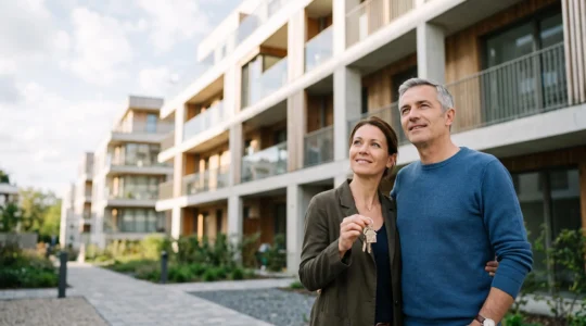 Main tenant une cle de logement neuf devant un immeuble residentiel, symbole de l'investissement locatif et de la reduction d'impot