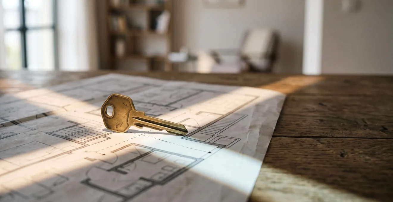 Clé posée sur un plan d'appartement symbolisant la fin d'un engagement locatif de 9 ans et le choix d'une nouvelle stratégie patrimoniale