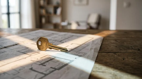 Clé posée sur un plan d'appartement symbolisant la fin d'un engagement locatif de 9 ans et le choix d'une nouvelle stratégie patrimoniale