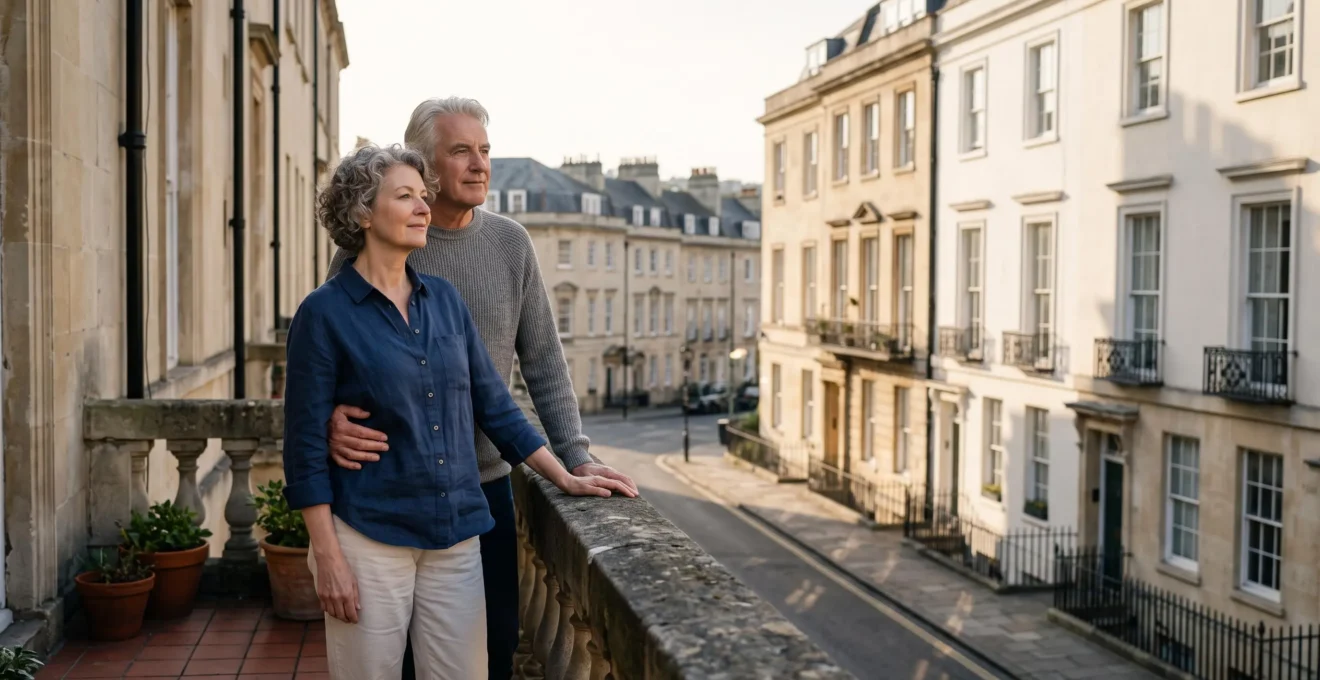 Couple de seniors observant avec sérénité un immeuble résidentiel depuis un balcon, symbolisant le complément de revenu généré par l'immobilier locatif à la retraite