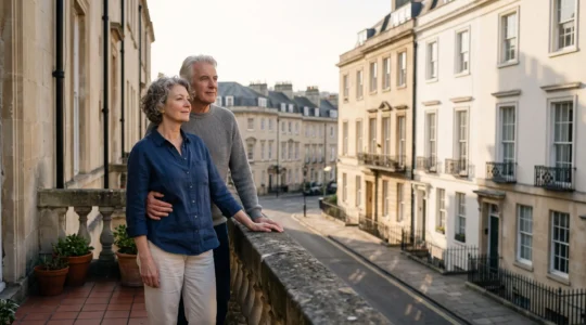 Couple de seniors observant avec sérénité un immeuble résidentiel depuis un balcon, symbolisant le complément de revenu généré par l'immobilier locatif à la retraite