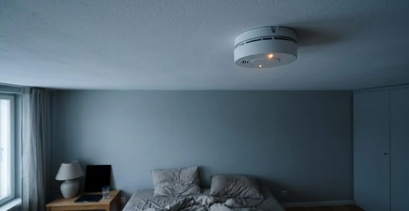 Détecteur de fumée fixé au plafond d'une chambre à coucher, symbole des obligations de sécurité incendie pour un bien locatif