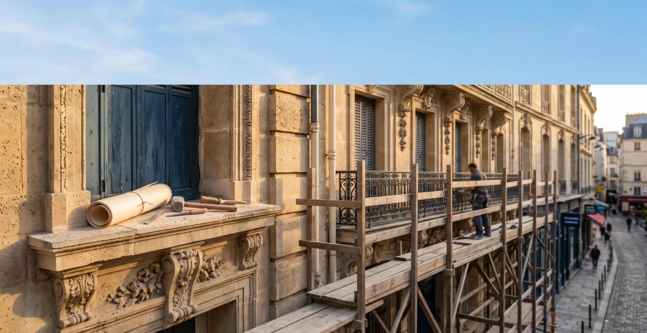 Façade d'un immeuble ancien en cours de restauration, symbole des travaux déductibles des revenus fonciers