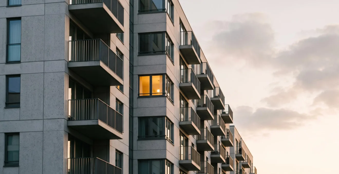 Facade d'un immeuble residentiel contemporain au lever du jour, symbolisant la duree d'engagement locatif de neuf ans du dispositif Pinel
