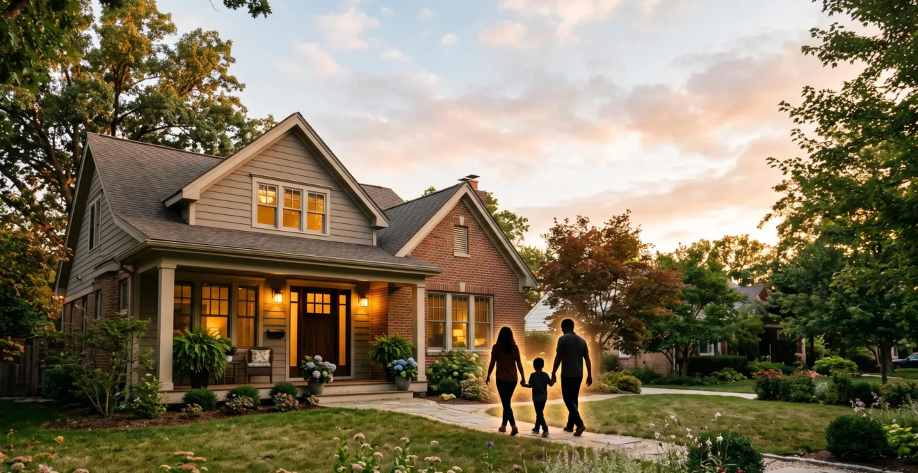 Une famille devant sa maison, symbole de la sécurité financière et fiscale apportée par la résidence principale