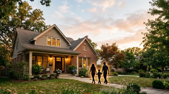 Une famille devant sa maison, symbole de la sécurité financière et fiscale apportée par la résidence principale