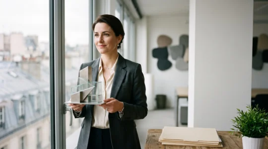 Investisseur observant une maquette architecturale symbolisant la croissance d'une jeune entreprise innovante, dans un bureau baigné de lumière naturelle
