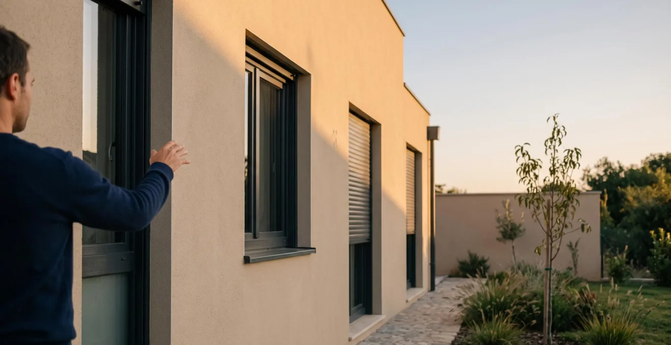 Propriétaire inspectant attentivement la façade et les ouvertures d'une maison neuve pour vérifier l'absence de désordres couverts par les garanties constructeur