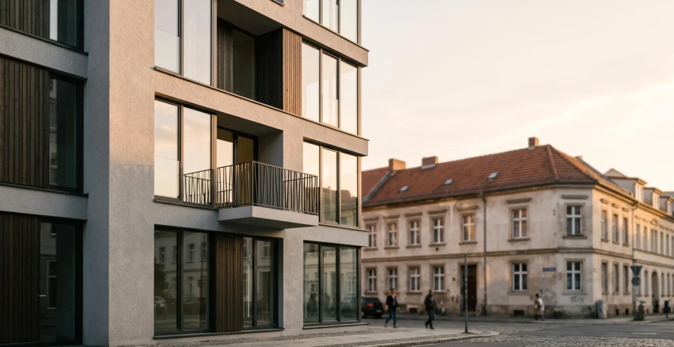 Immeuble residentiel neuf et lumineux contrastant avec un batiment ancien en arriere-plan, symbolisant la rapidite de location du neuf