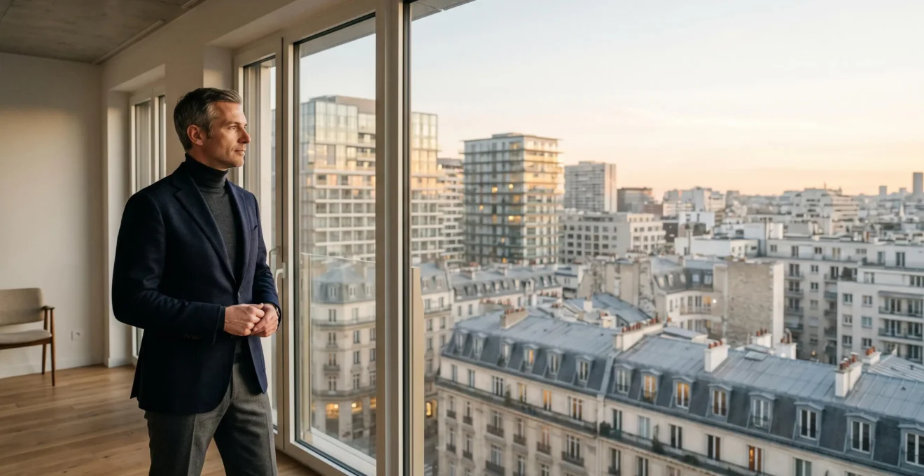 Investisseur immobilier consultant un plan de calcul de loyer plafonne dans un appartement neuf lumineux