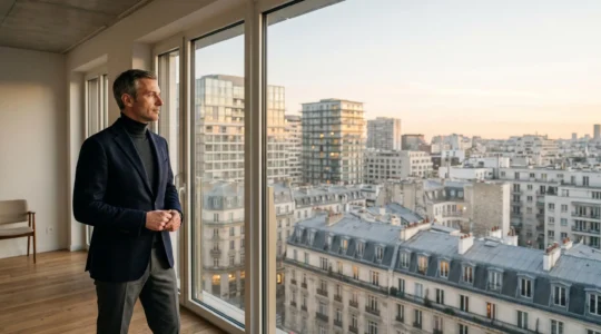 Investisseur immobilier consultant un plan de calcul de loyer plafonne dans un appartement neuf lumineux