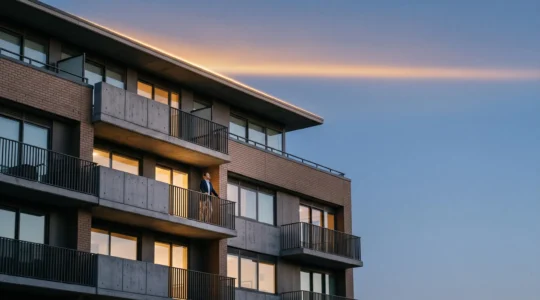 Illustration conceptuelle d'un plafond fiscal appliqué aux dépenses immobilières déductibles, symbolisé par une architecture urbaine et une ligne de niveau lumineuse.
