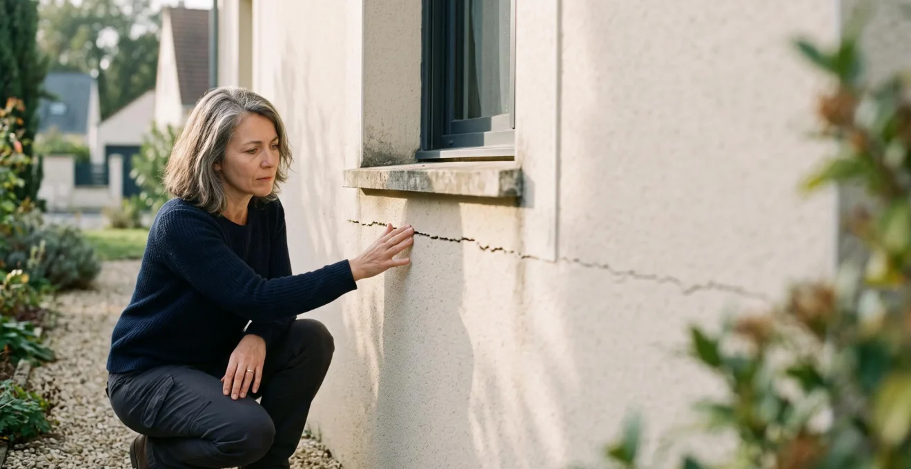 Propriétaire examinant une fissure sur le mur extérieur de sa maison huit ans après la livraison, symbole de la garantie décennale