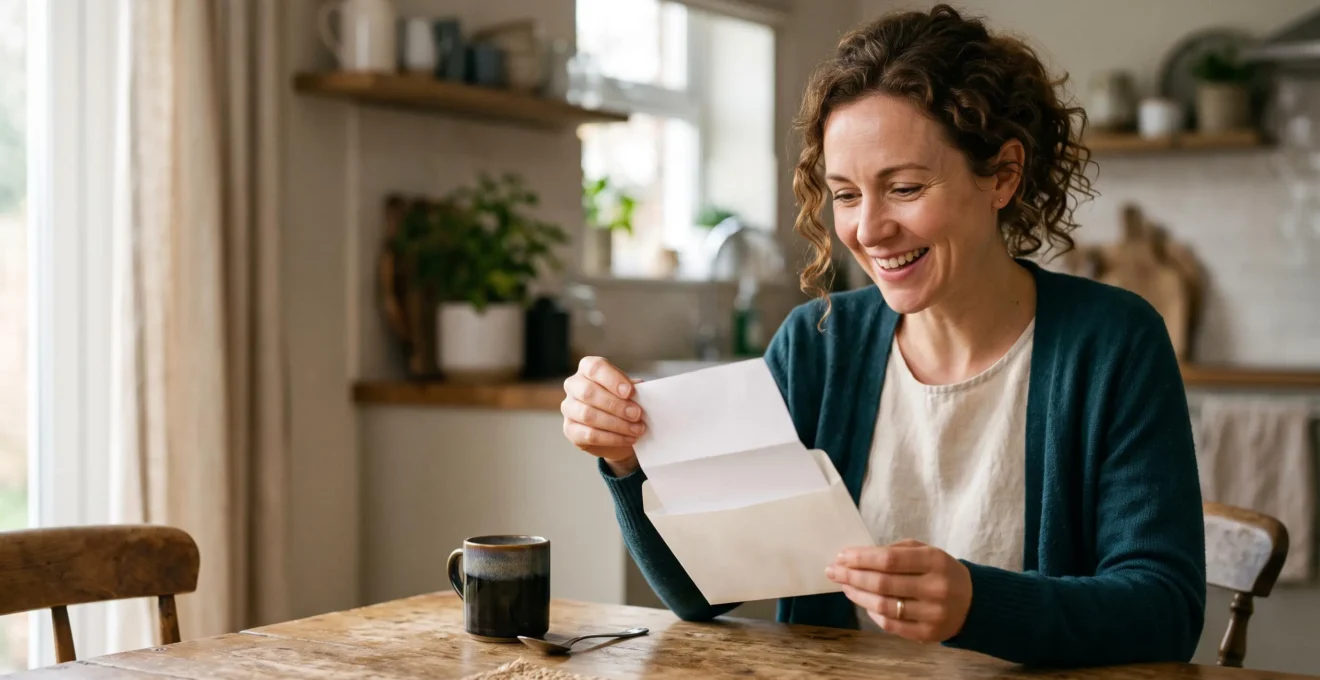 Une personne souriante ouvre une enveloppe a sa table de cuisine, symbolisant la surprise d'un remboursement fiscal inattendu