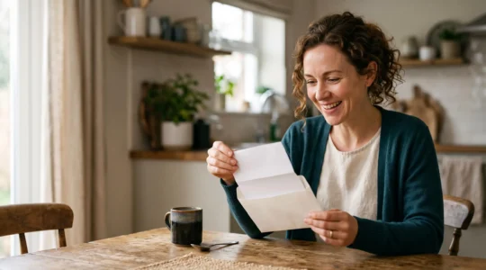Une personne souriante ouvre une enveloppe a sa table de cuisine, symbolisant la surprise d'un remboursement fiscal inattendu