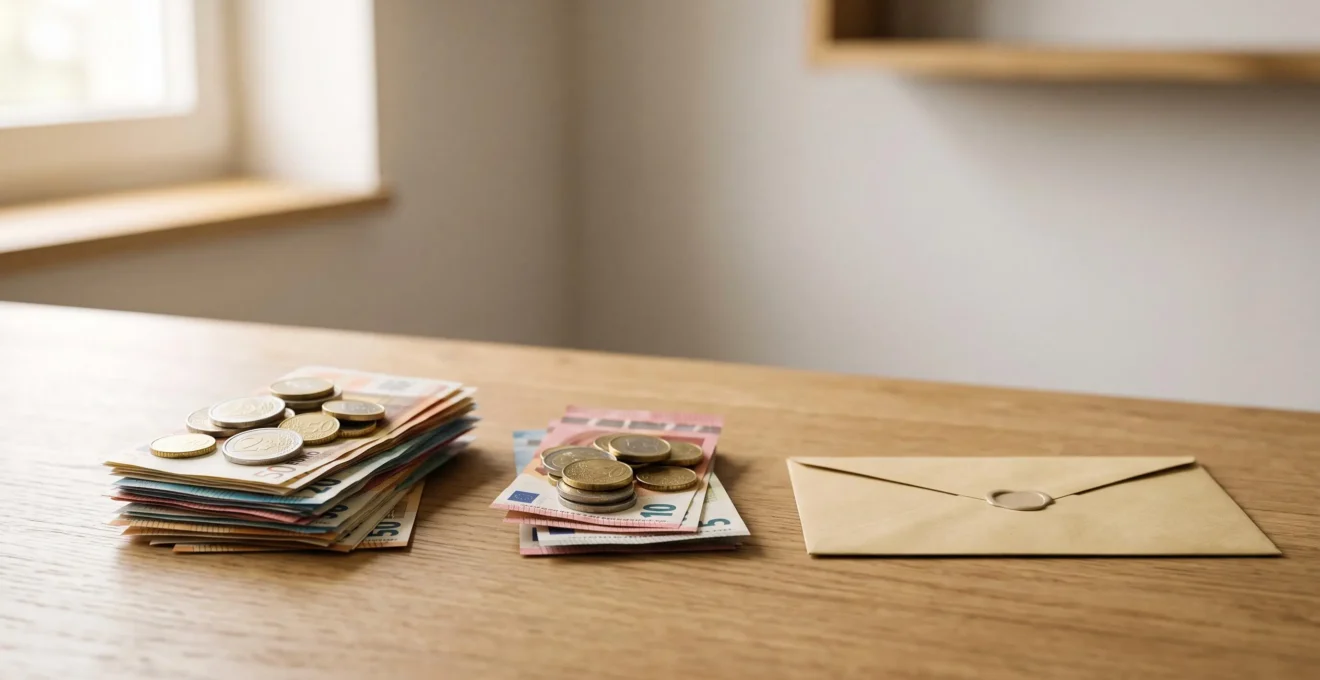 Illustration symbolique d'un remboursement d'impôt partiel représenté par des pièces de monnaie et une enveloppe entrouverte