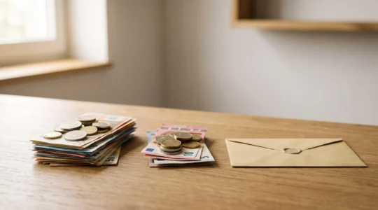 Illustration symbolique d'un remboursement d'impôt partiel représenté par des pièces de monnaie et une enveloppe entrouverte