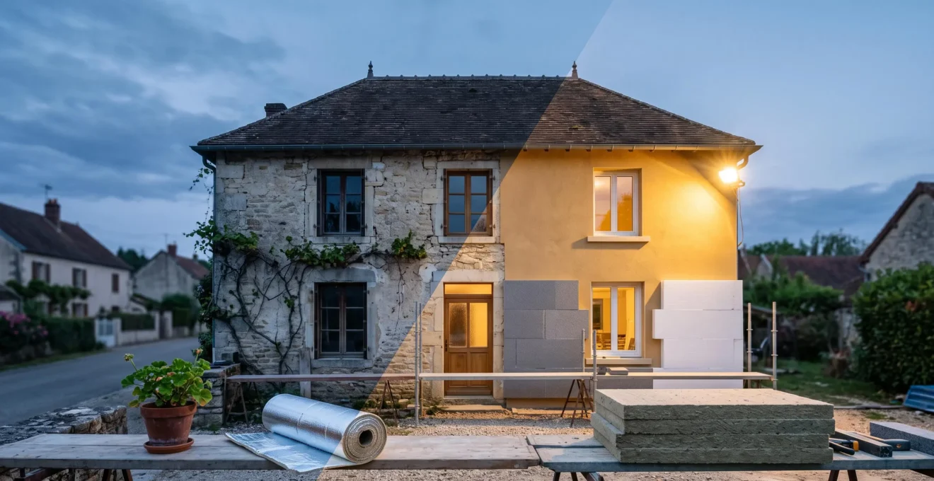Maison en rénovation énergétique illustrant le passage d'une passoire thermique à un logement performant valorisé