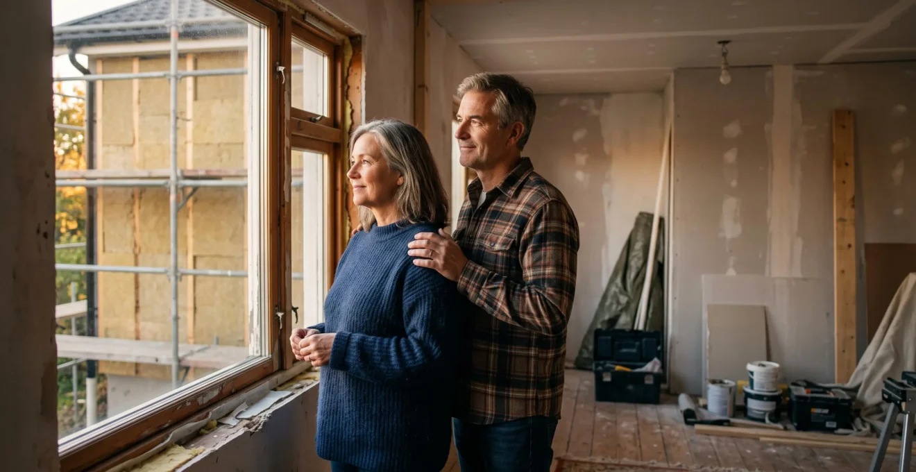 Propriétaires contemplant leur maison en cours de rénovation énergétique, symbole des aides financières et de la transition écologique