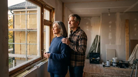 Propriétaires contemplant leur maison en cours de rénovation énergétique, symbole des aides financières et de la transition écologique