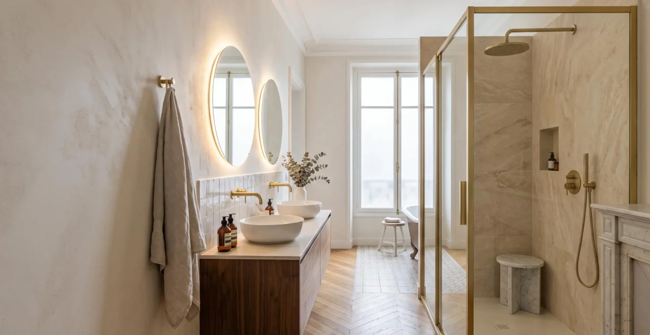 Salle de bain rénovée haut de gamme dans un appartement locatif, symbolisant l'investissement immobilier rentable