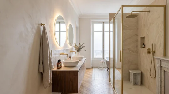 Salle de bain rénovée haut de gamme dans un appartement locatif, symbolisant l'investissement immobilier rentable