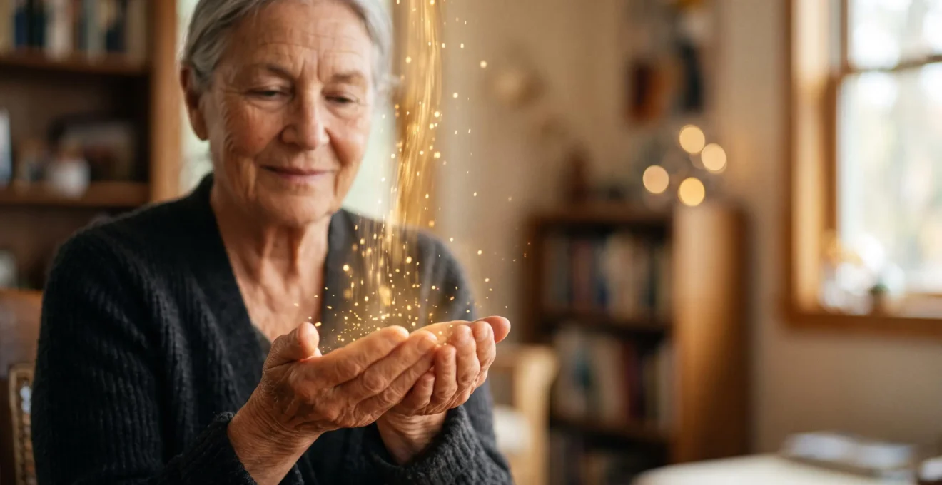 Mains ridées et sereines recevant une lumière dorée symbolisant un revenu mensuel garanti à vie