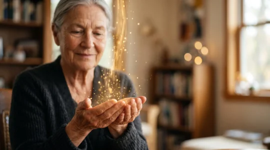Mains ridées et sereines recevant une lumière dorée symbolisant un revenu mensuel garanti à vie