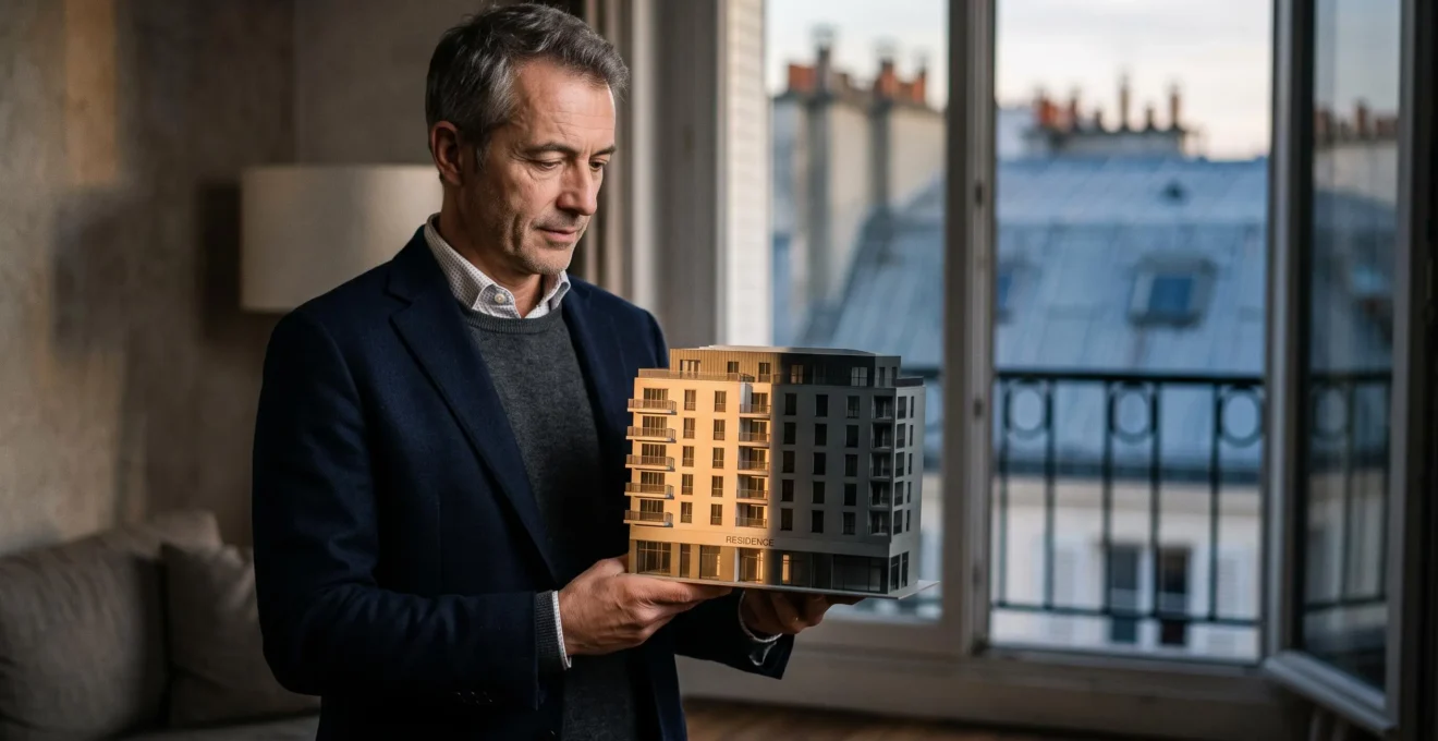 Investisseur pensif face à une maquette de résidence services, symbole des risques cachés de la défiscalisation immobilière