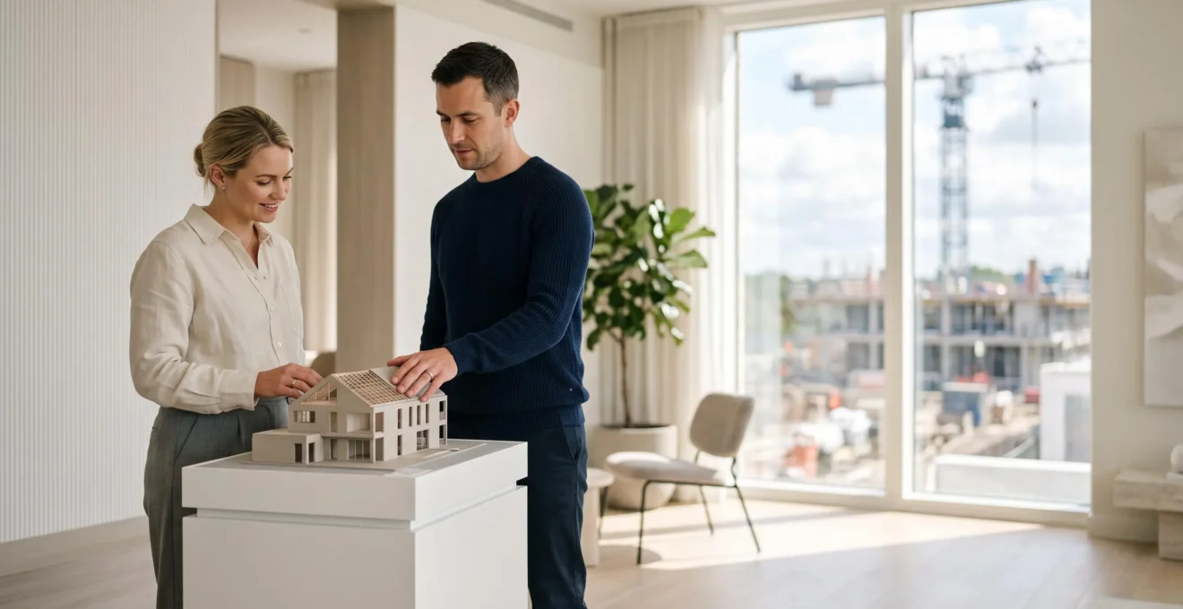 Couple examinant attentivement une maquette de maison neuve avant de signer un contrat d'acquisition, symbole des garanties constructeur à vérifier