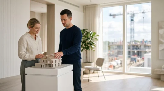 Couple examinant attentivement une maquette de maison neuve avant de signer un contrat d'acquisition, symbole des garanties constructeur à vérifier