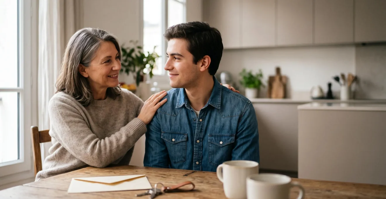 Parent et enfant majeur partageant un moment de complicite, symbolisant le soutien financier familial et son optimisation fiscale