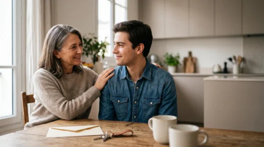 Parent et enfant majeur partageant un moment de complicite, symbolisant le soutien financier familial et son optimisation fiscale