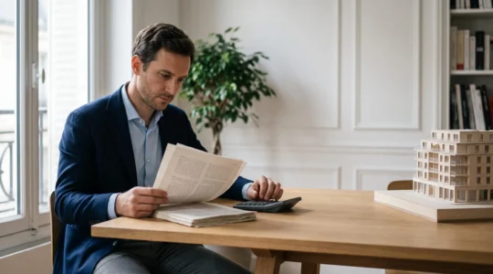 Investisseur immobilier vérifiant des documents financiers pour s'assurer de l'éligibilité d'un locataire aux dispositifs Pinel ou Loc'Avantages