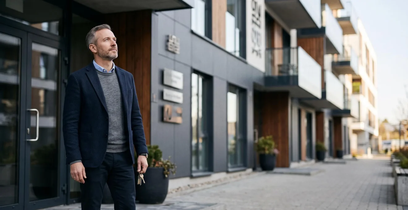 Investisseur tenant un trousseau de clés face à un immeuble résidentiel moderne, symbolisant la vérification des conditions avant un investissement locatif