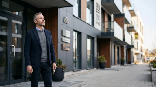 Investisseur tenant un trousseau de clés face à un immeuble résidentiel moderne, symbolisant la vérification des conditions avant un investissement locatif