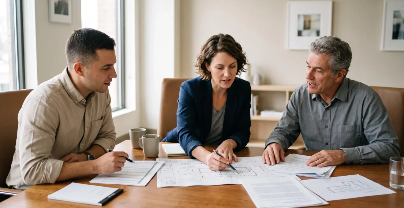 Groupe d'associés examinant des documents immobiliers et des plans lors d'une réunion de préparation d'investissement en SCI