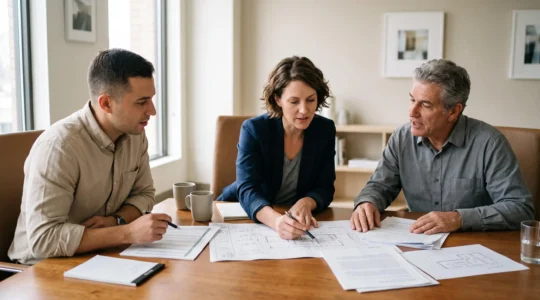 Groupe d'associés examinant des documents immobiliers et des plans lors d'une réunion de préparation d'investissement en SCI