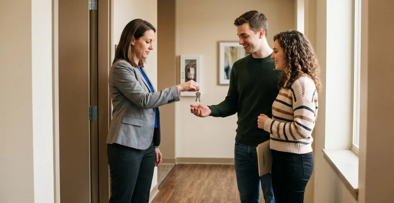 Gestionnaire immobilier remettant les clés d'un appartement à de nouveaux locataires lors de la signature du bail