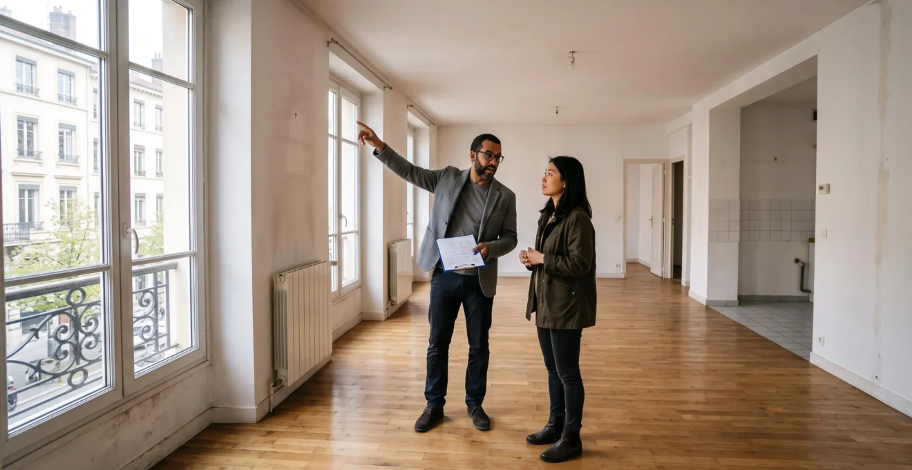 Deux investisseurs visitant et inspectant un appartement vide pour évaluer son potentiel locatif dans le cadre d'un projet de SCI